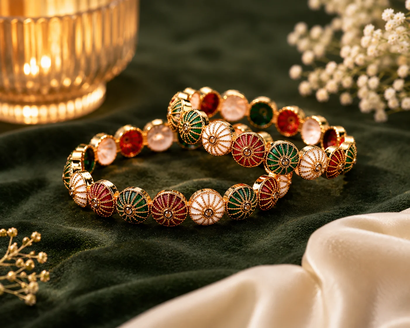 Gold-Toned Kundan Meenakari Studded Bangles (Set of 2)
