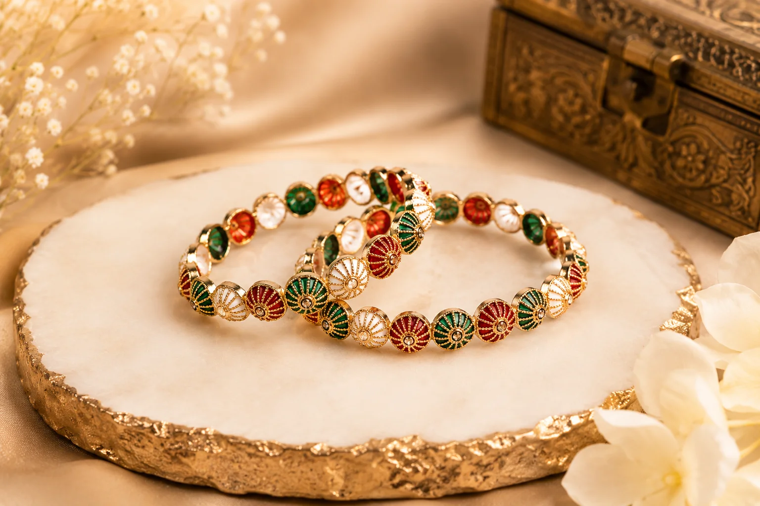 Gold-Toned Kundan Meenakari Studded Bangles (Set of 2)