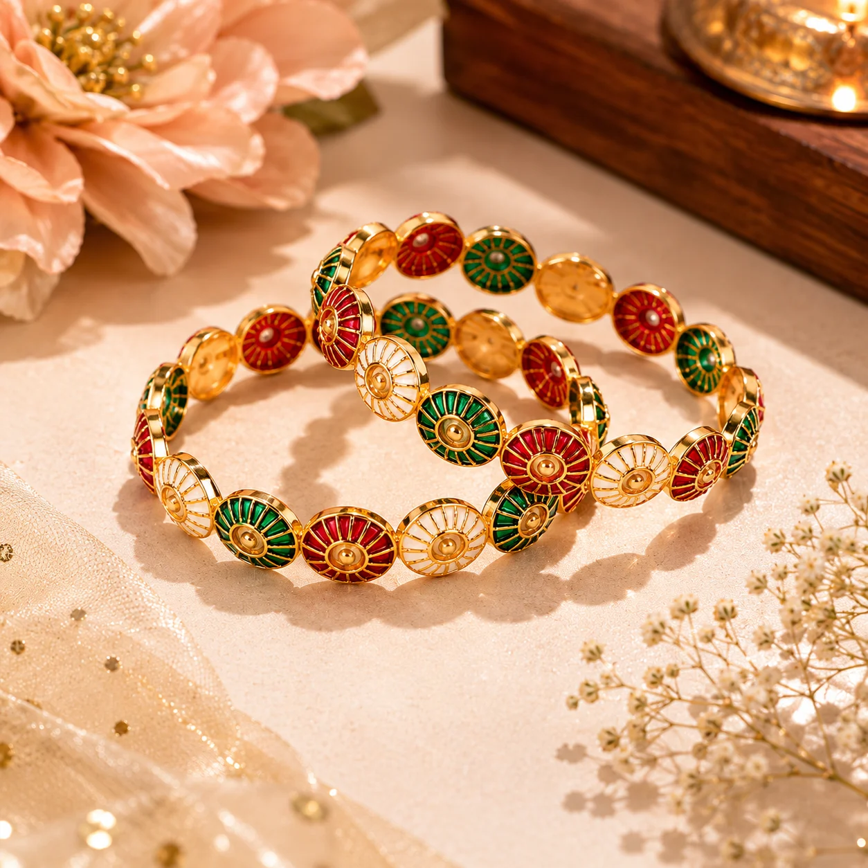Gold-Toned Meenakari Enamel Bangles (Set of 2) — Sunburst Design