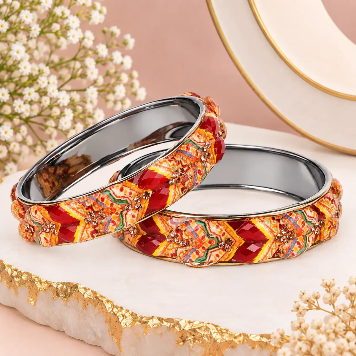Meenakari Faceted Stone Bangle Pair