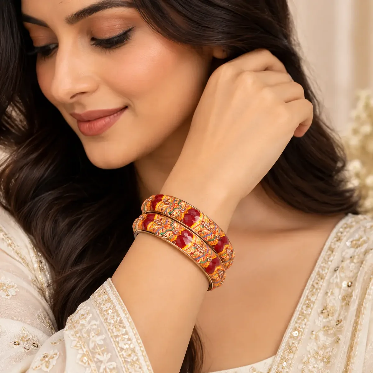 Meenakari Faceted Stone Bangle Pair