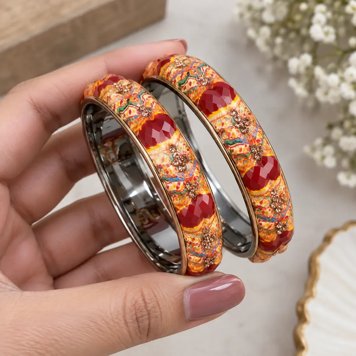 Meenakari Faceted Stone Bangle Pair