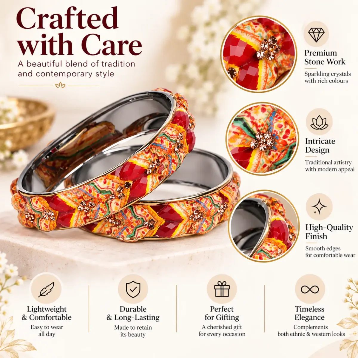 Meenakari Faceted Stone Bangle Pair