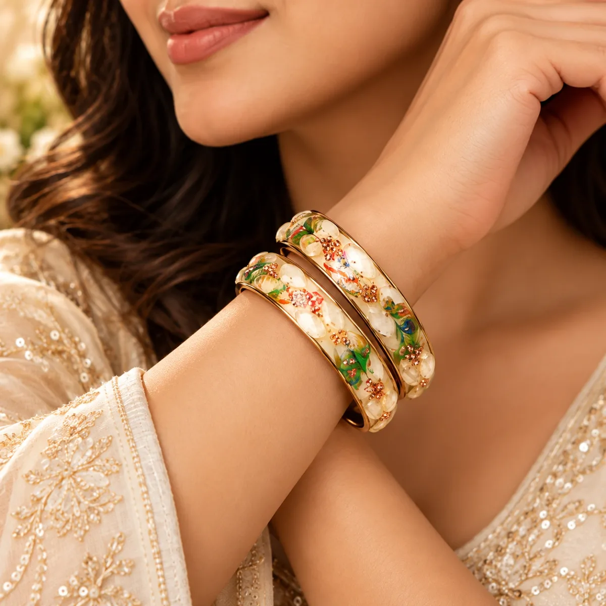 Pearl Crystal Enamel Bangle Pair
