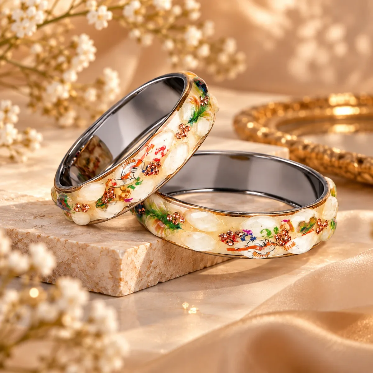 Pearl Crystal Enamel Bangle Pair