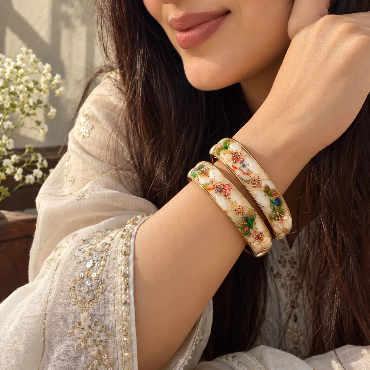 Pearl Crystal Enamel Bangle Pair