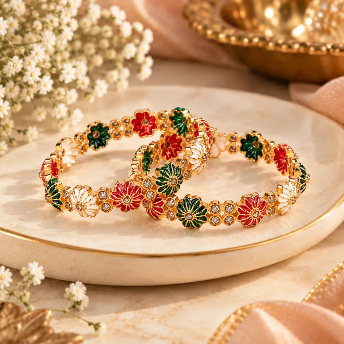 Floral Enamel Gold Bangle Pair