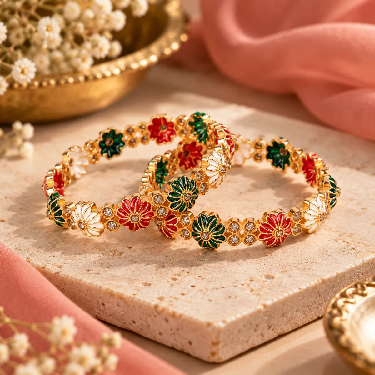 Floral Enamel Gold Bangle Pair