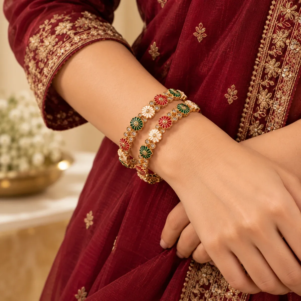 Floral Enamel Gold Bangle Pair