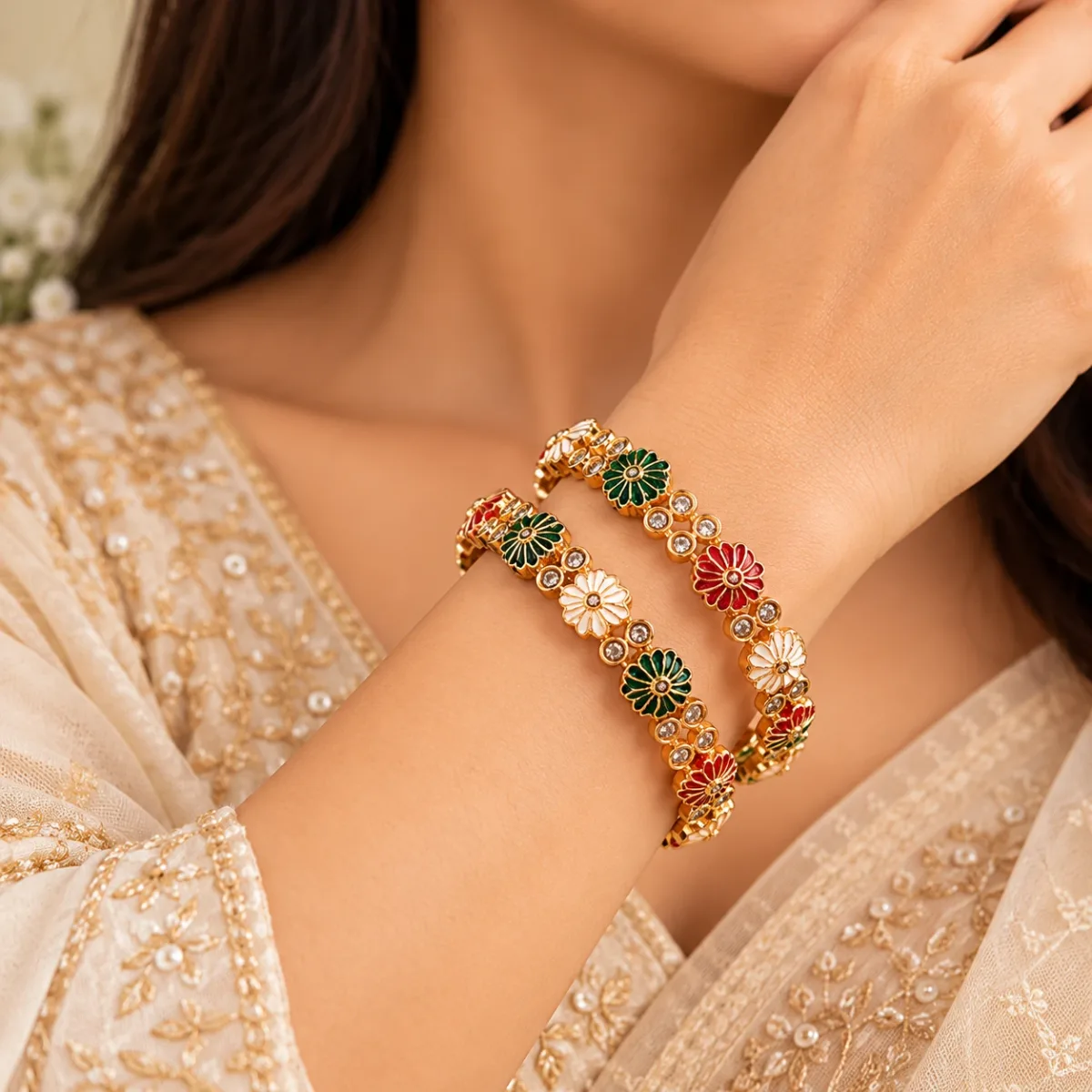 Floral Enamel Gold Bangle Pair
