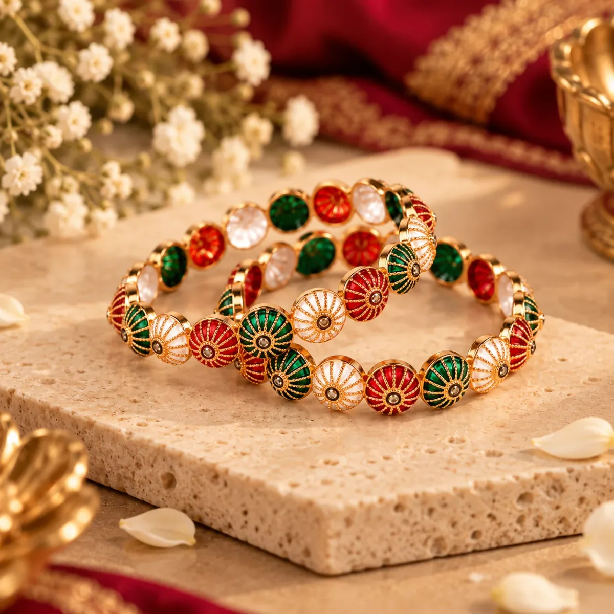 Sunburst Enamel Disc Bangle Pair