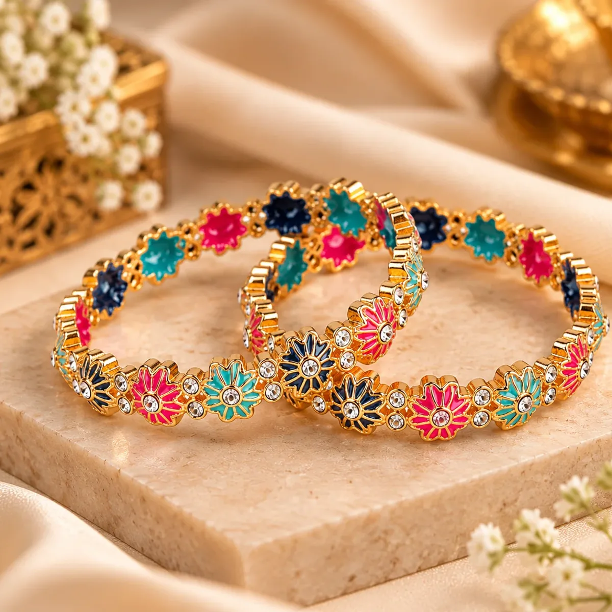 Rainbow Floral Enamel Bangle Pair