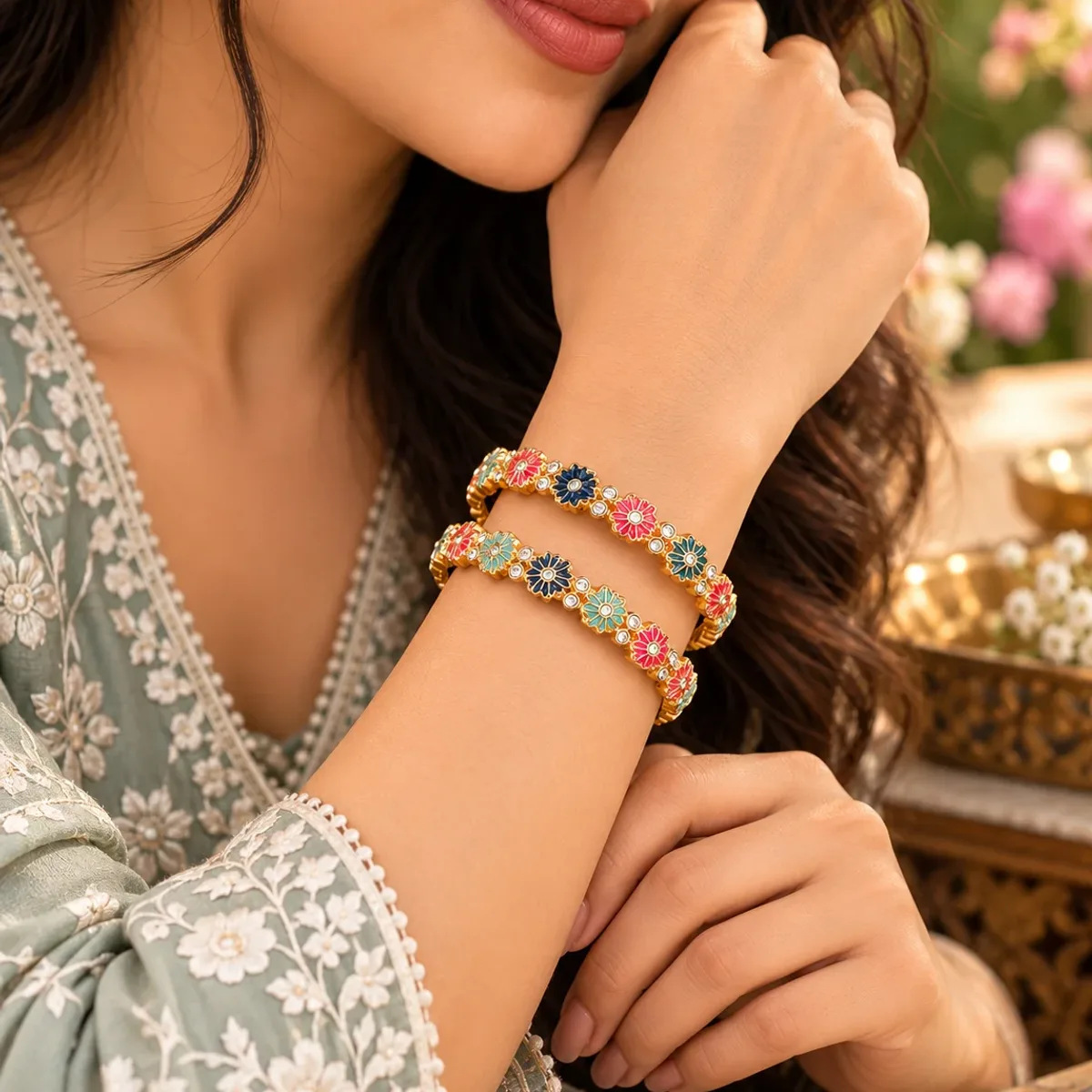 Rainbow Floral Enamel Bangle Pair