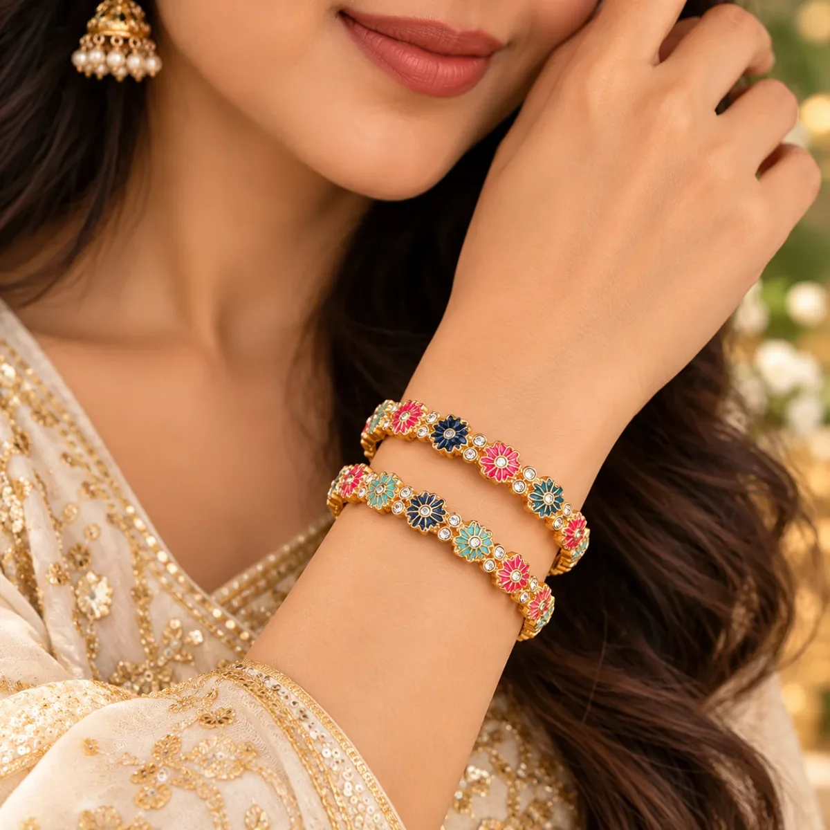 Rainbow Floral Enamel Bangle Pair