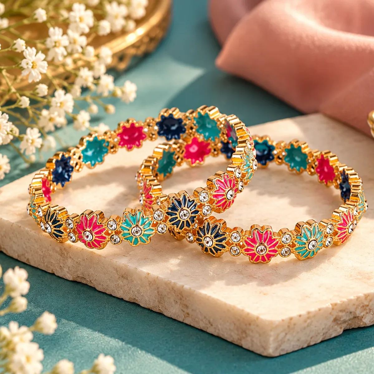 Rainbow Floral Enamel Bangle Pair