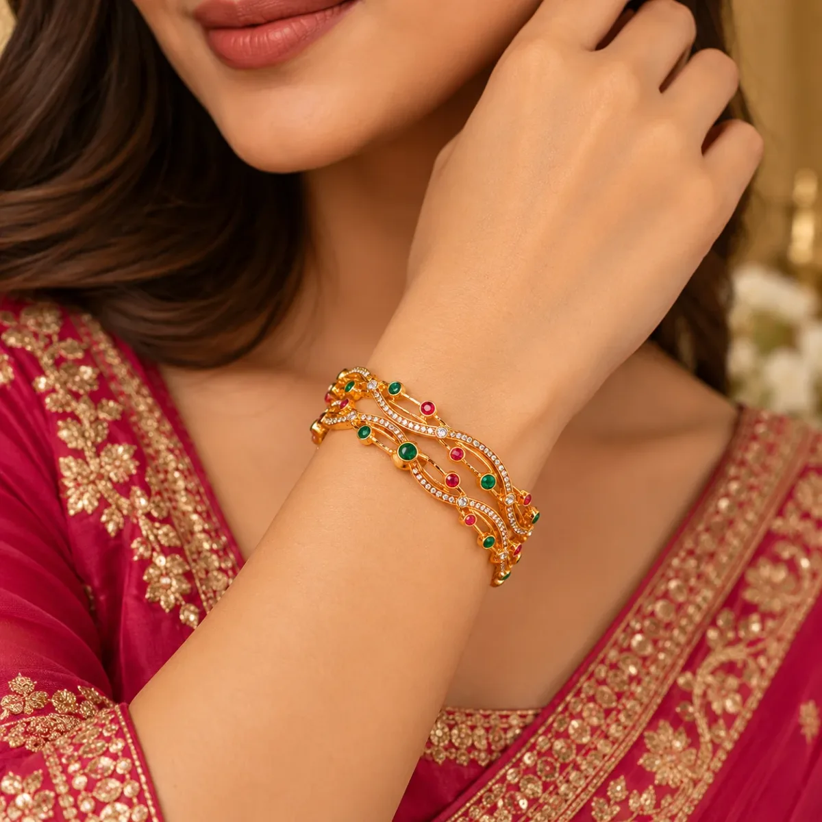 Ruby Emerald Wave Bangle Pair