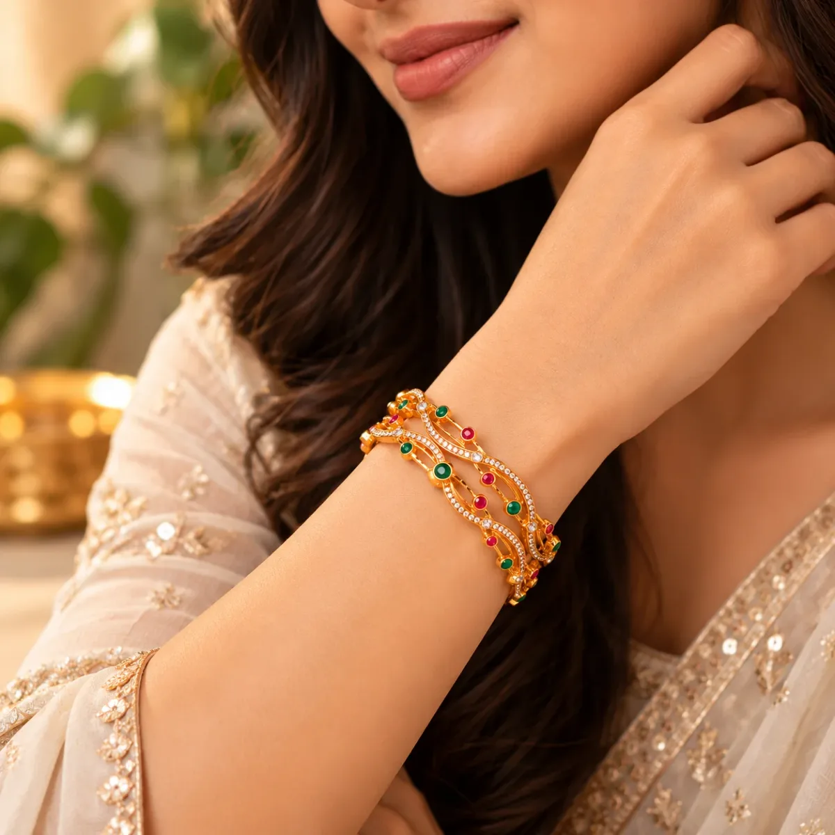 Ruby Emerald Wave Bangle Pair