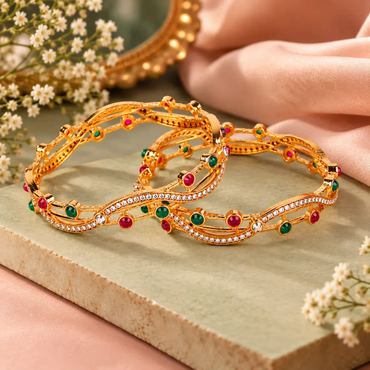 Ruby Emerald Wave Bangle Pair
