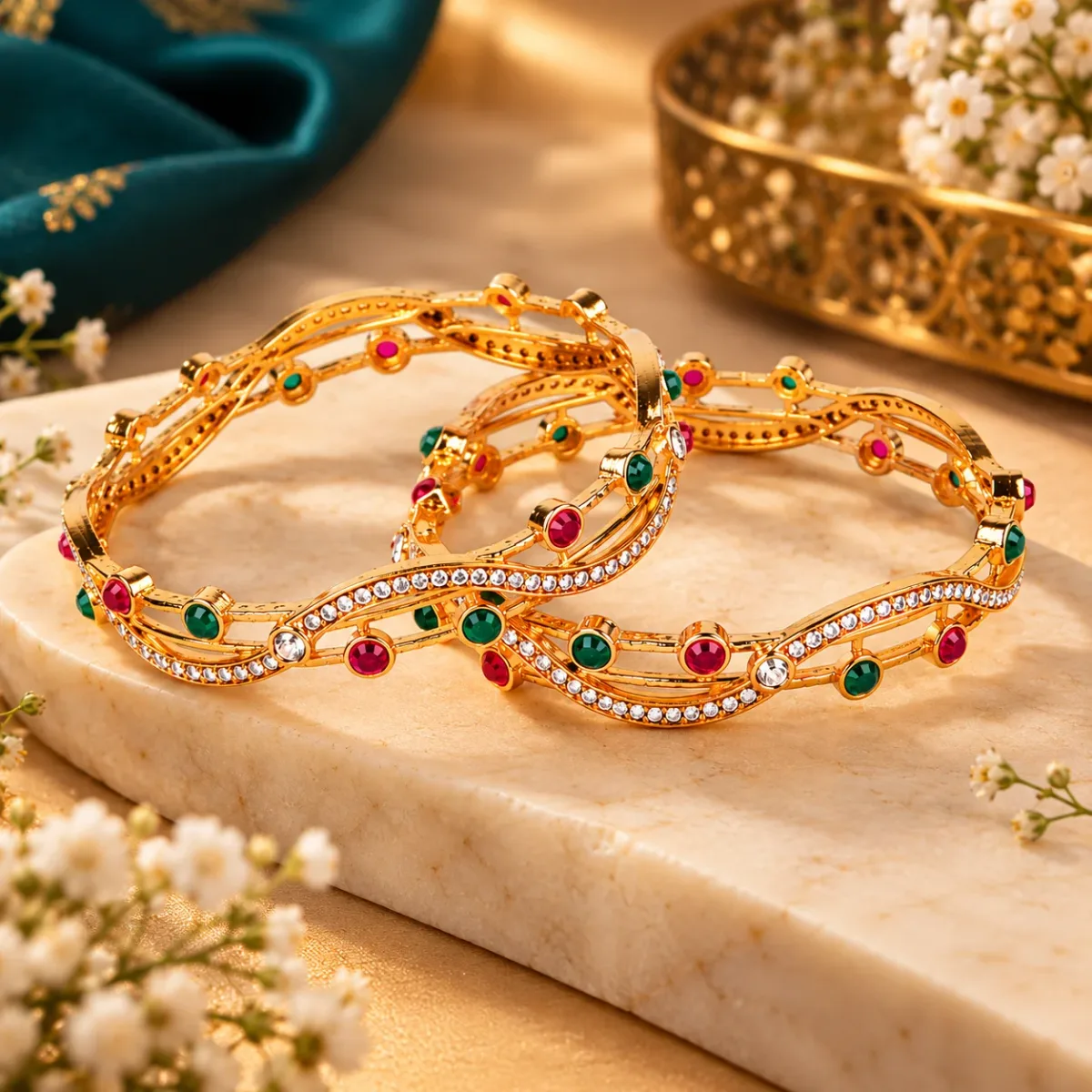 Ruby Emerald Wave Bangle Pair