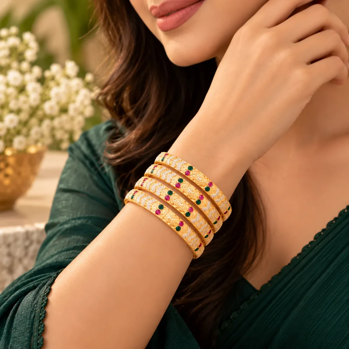 Chevron Ruby Emerald Bangle Pair
