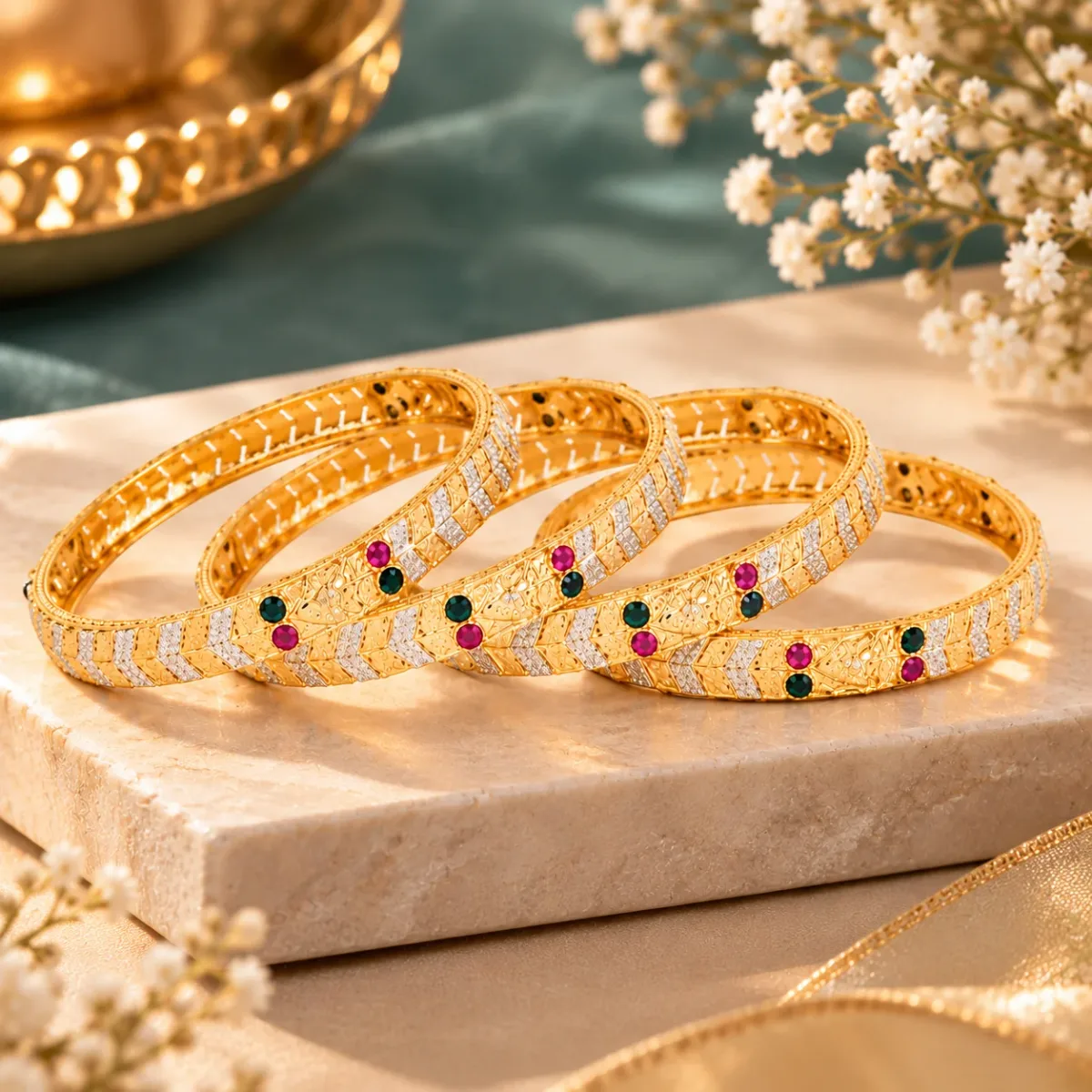 Chevron Ruby Emerald Bangle Pair