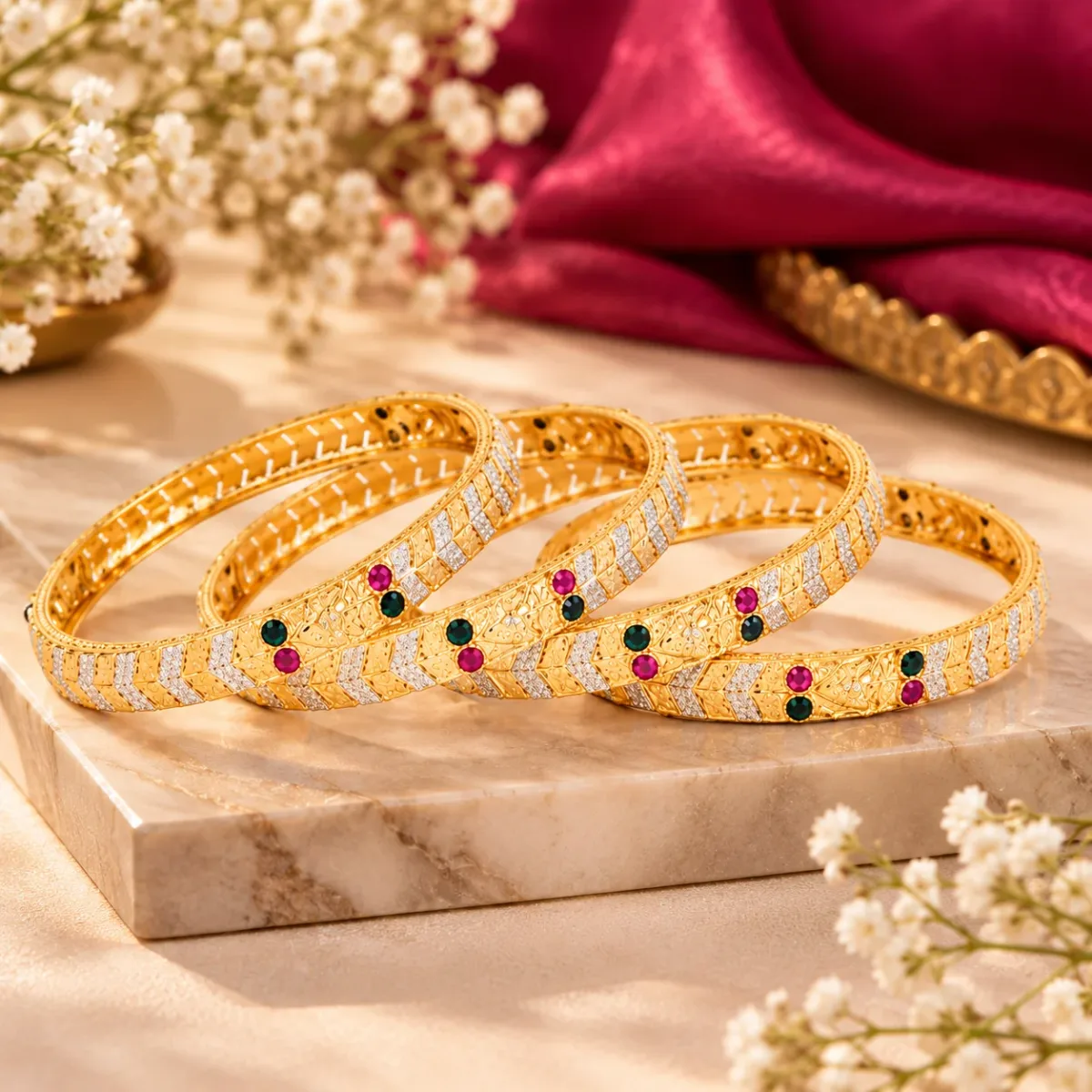 Chevron Ruby Emerald Bangle Pair