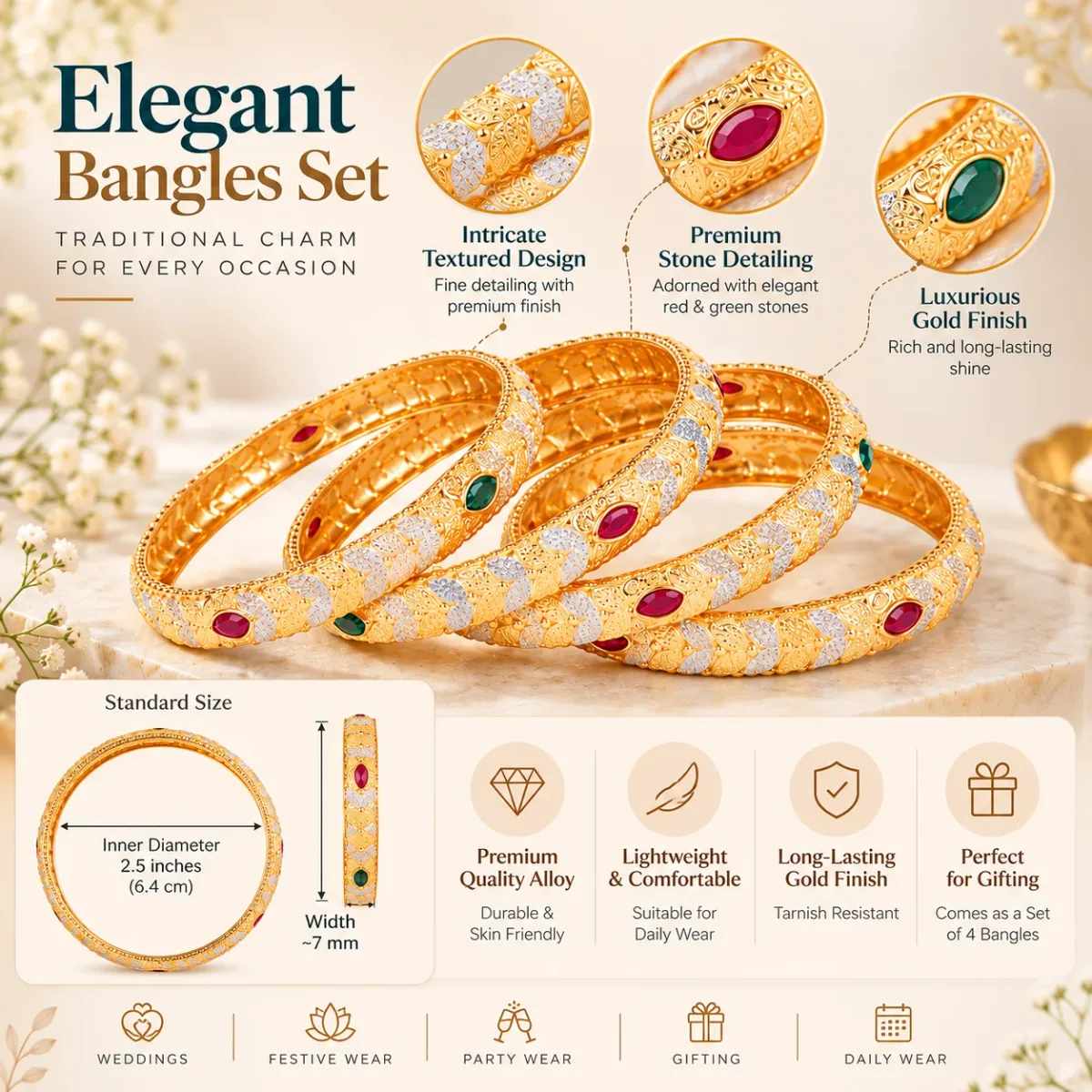 Leaf Motif Ruby Emerald Bangle Set