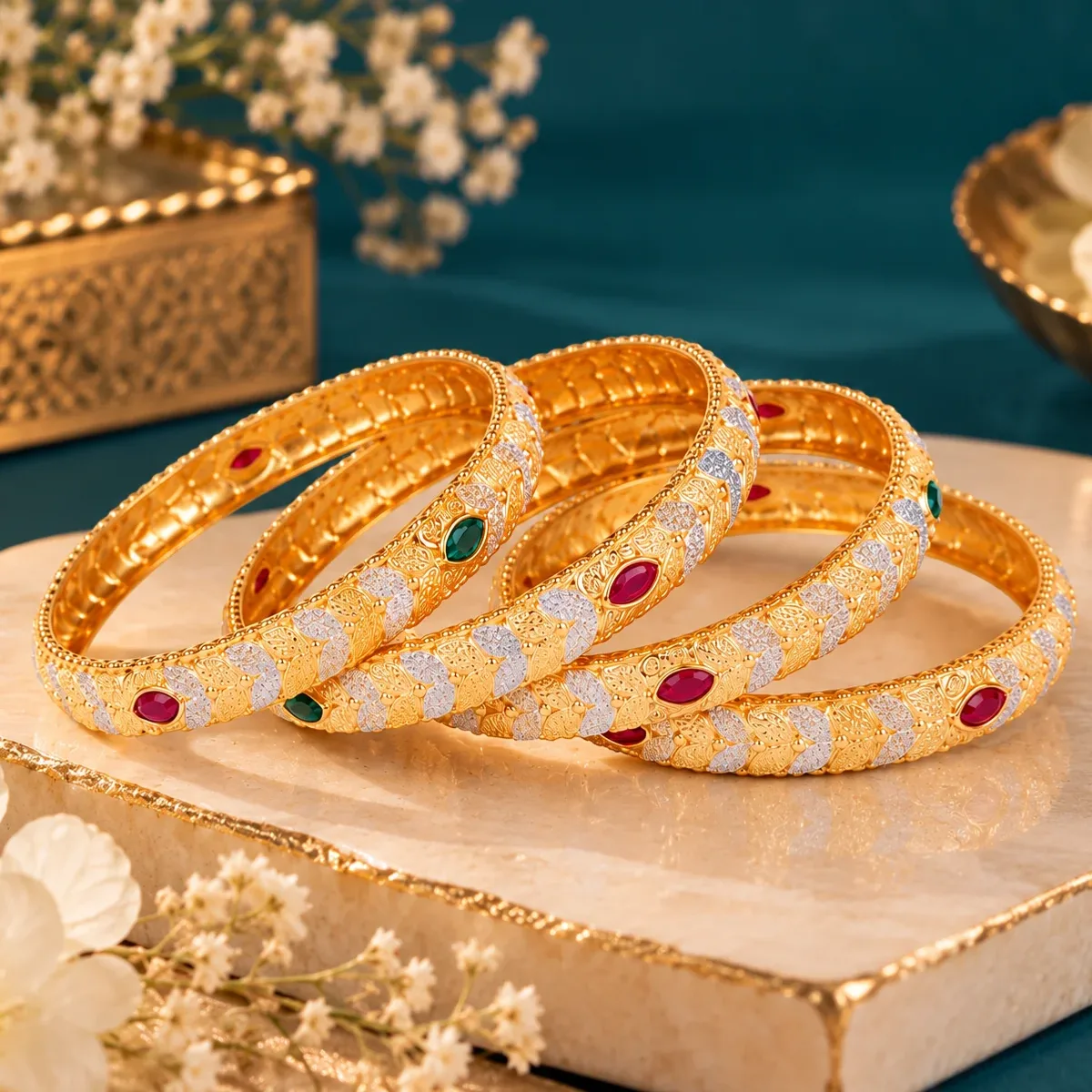 Leaf Motif Ruby Emerald Bangle Set