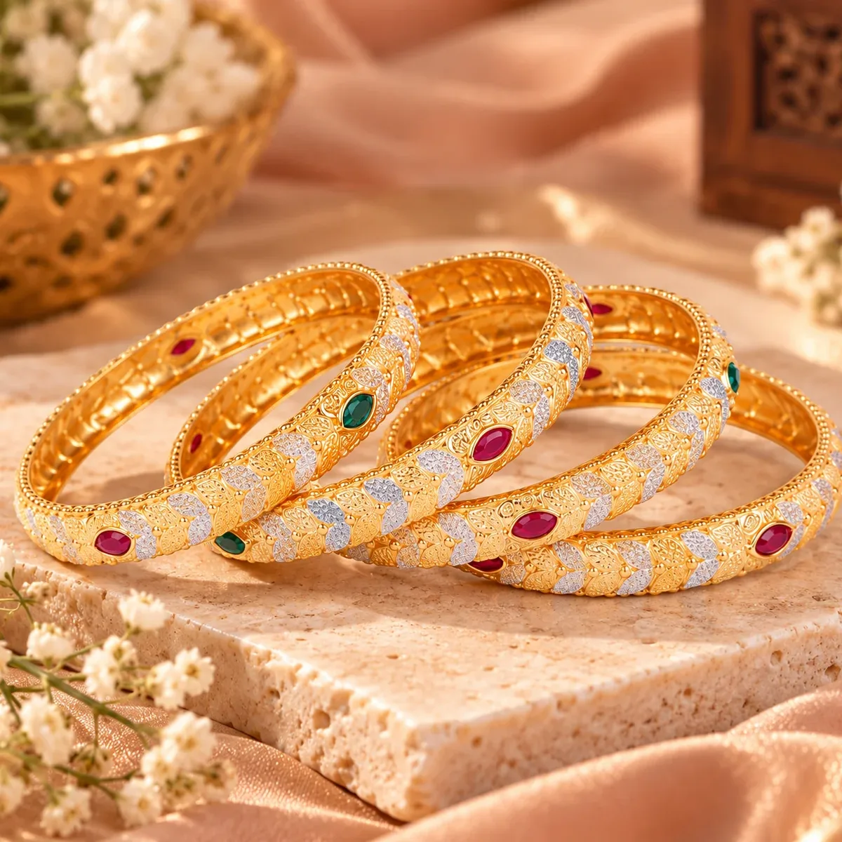 Leaf Motif Ruby Emerald Bangle Set