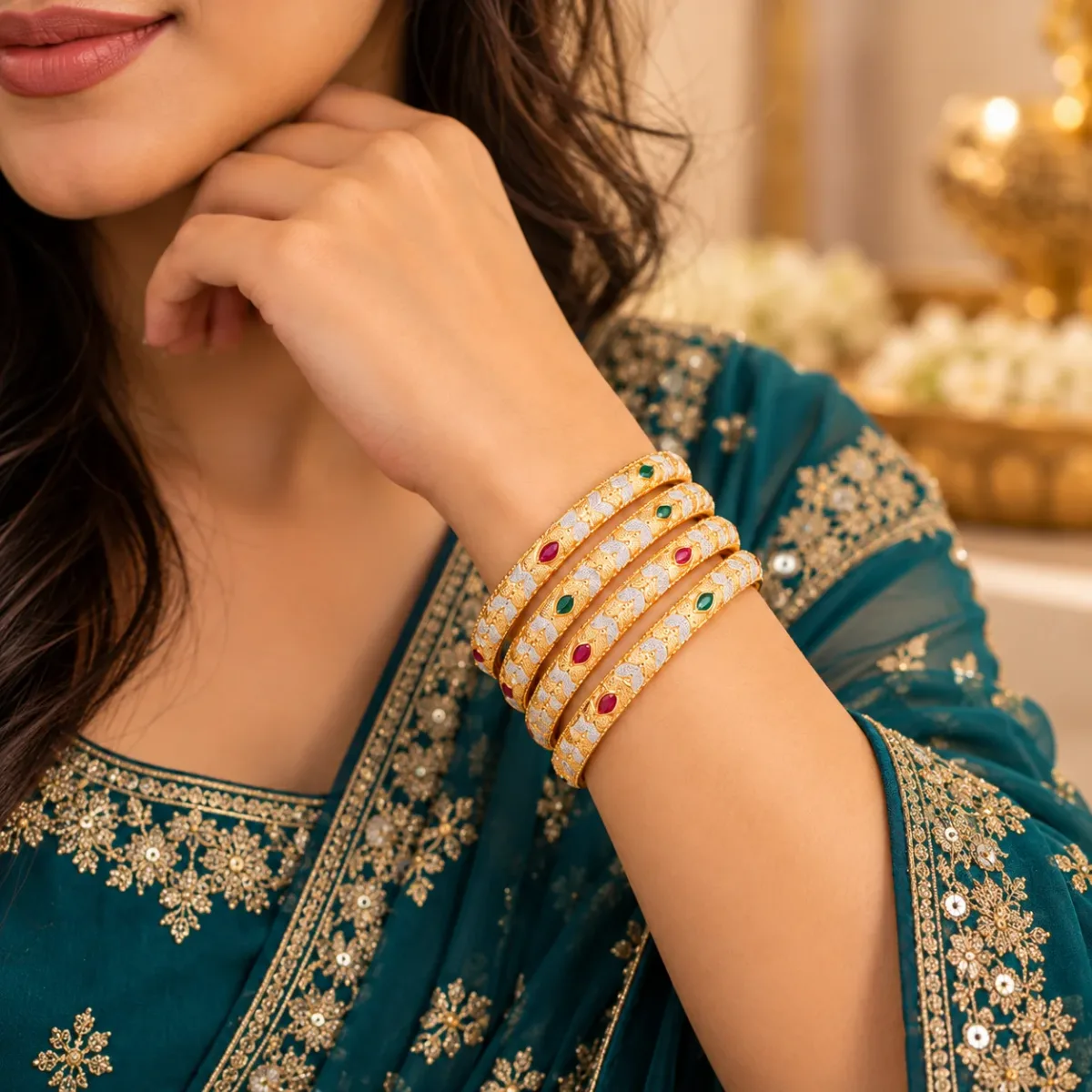 Leaf Motif Ruby Emerald Bangle Set