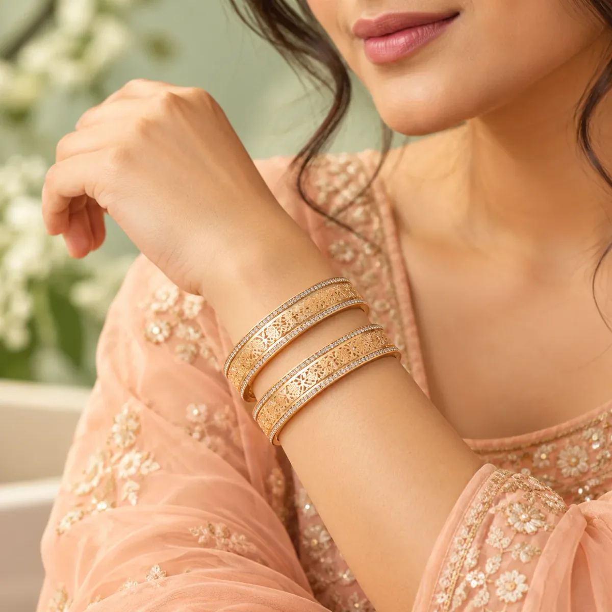Floral Filigree Crystal Bangle Pair