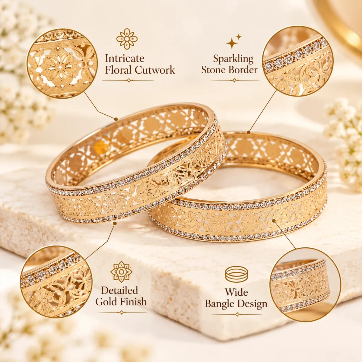Floral Filigree Crystal Bangle Pair