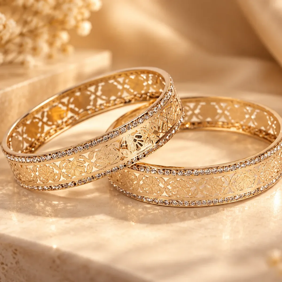 Floral Filigree Crystal Bangle Pair