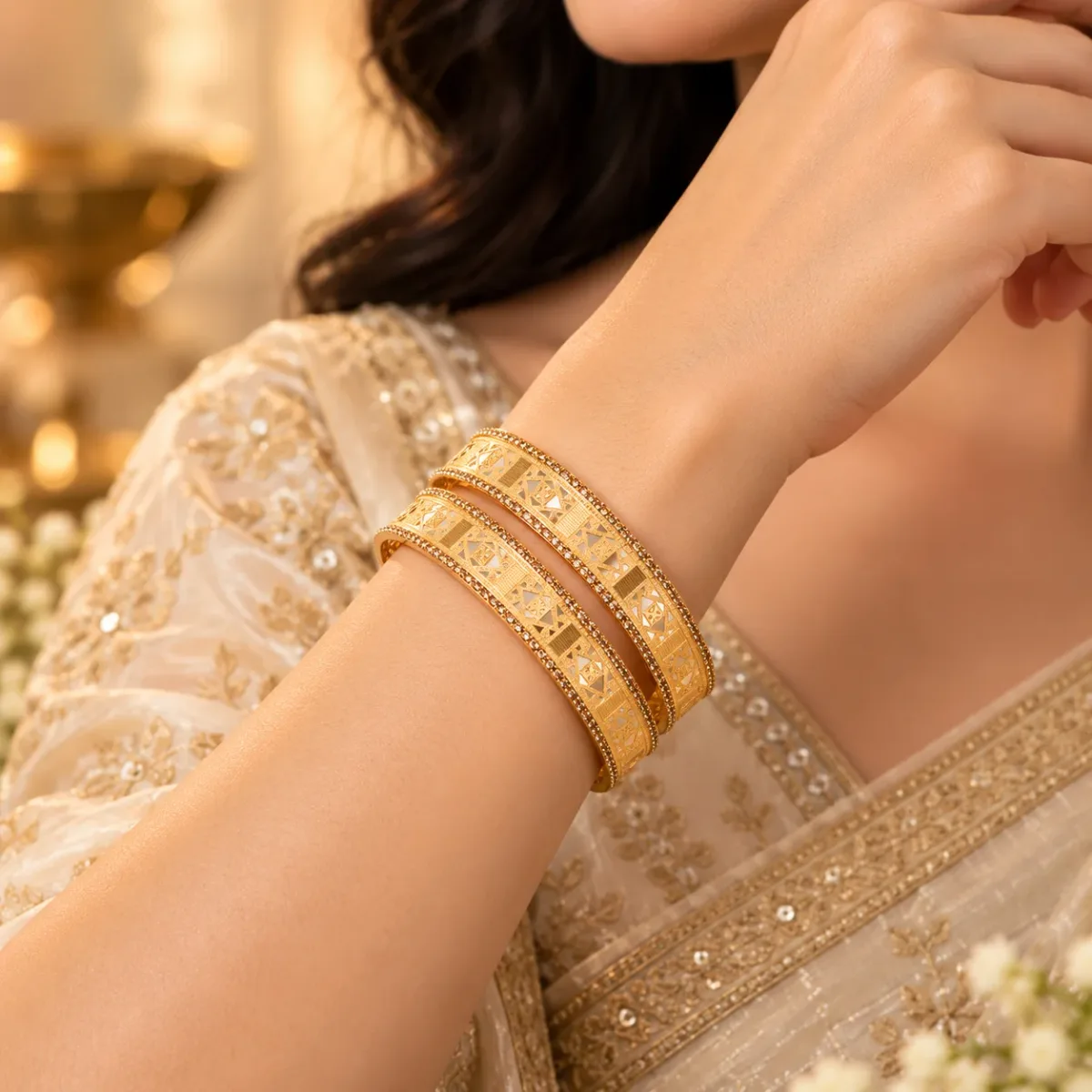 Geometric Filigree Crystal Bangle Pair