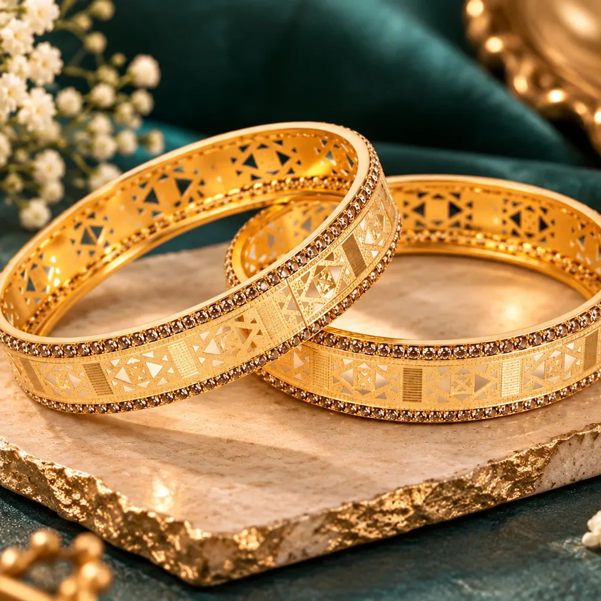 Geometric Filigree Crystal Bangle Pair