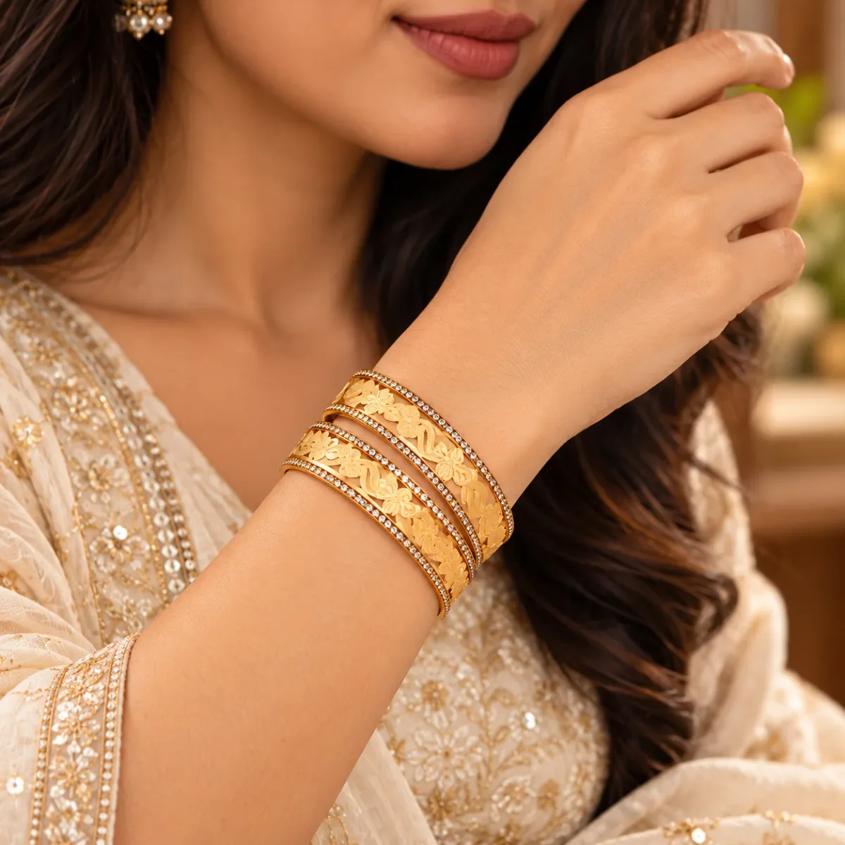 Floral Engraved Crystal Bangle Set
