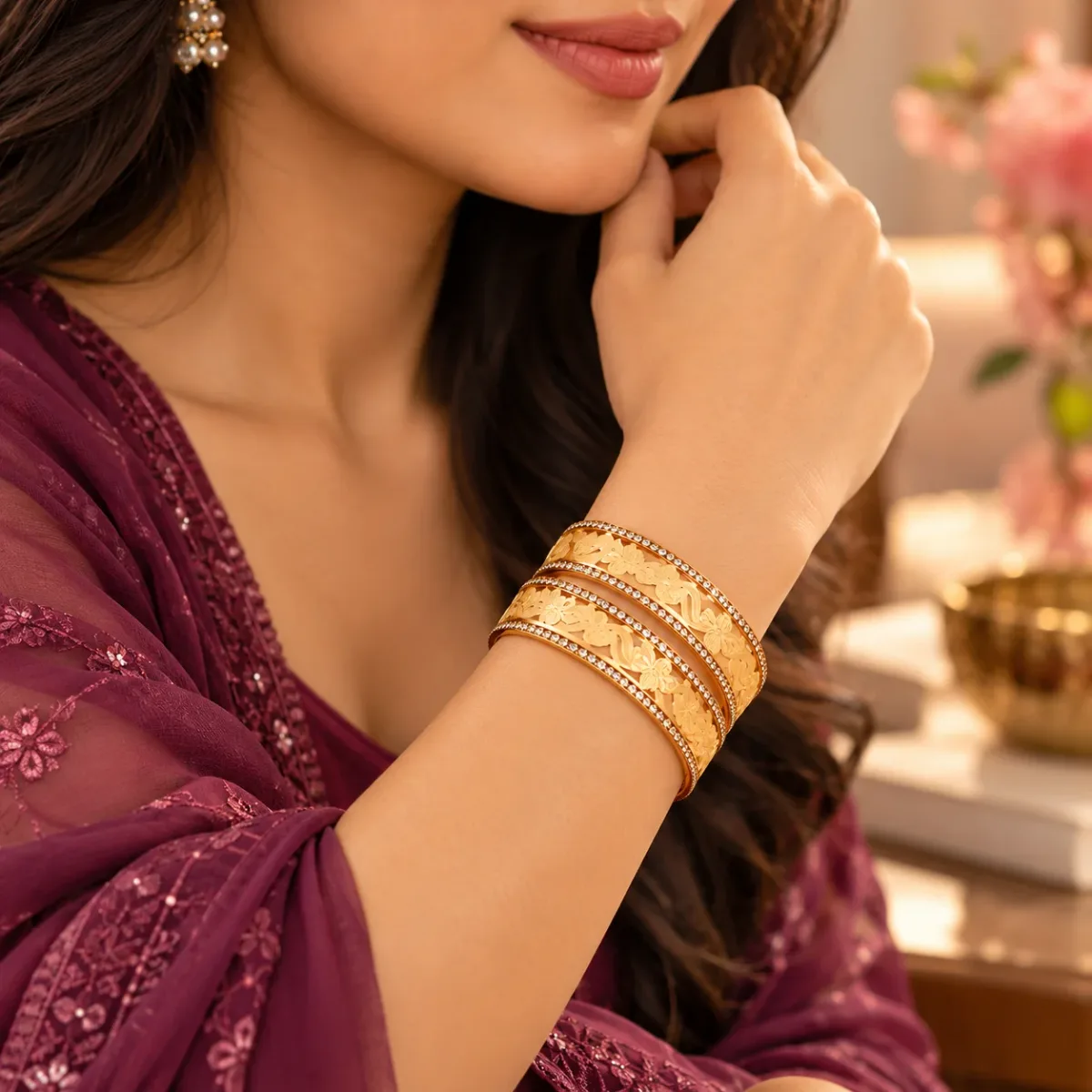 Floral Engraved Crystal Bangle Set