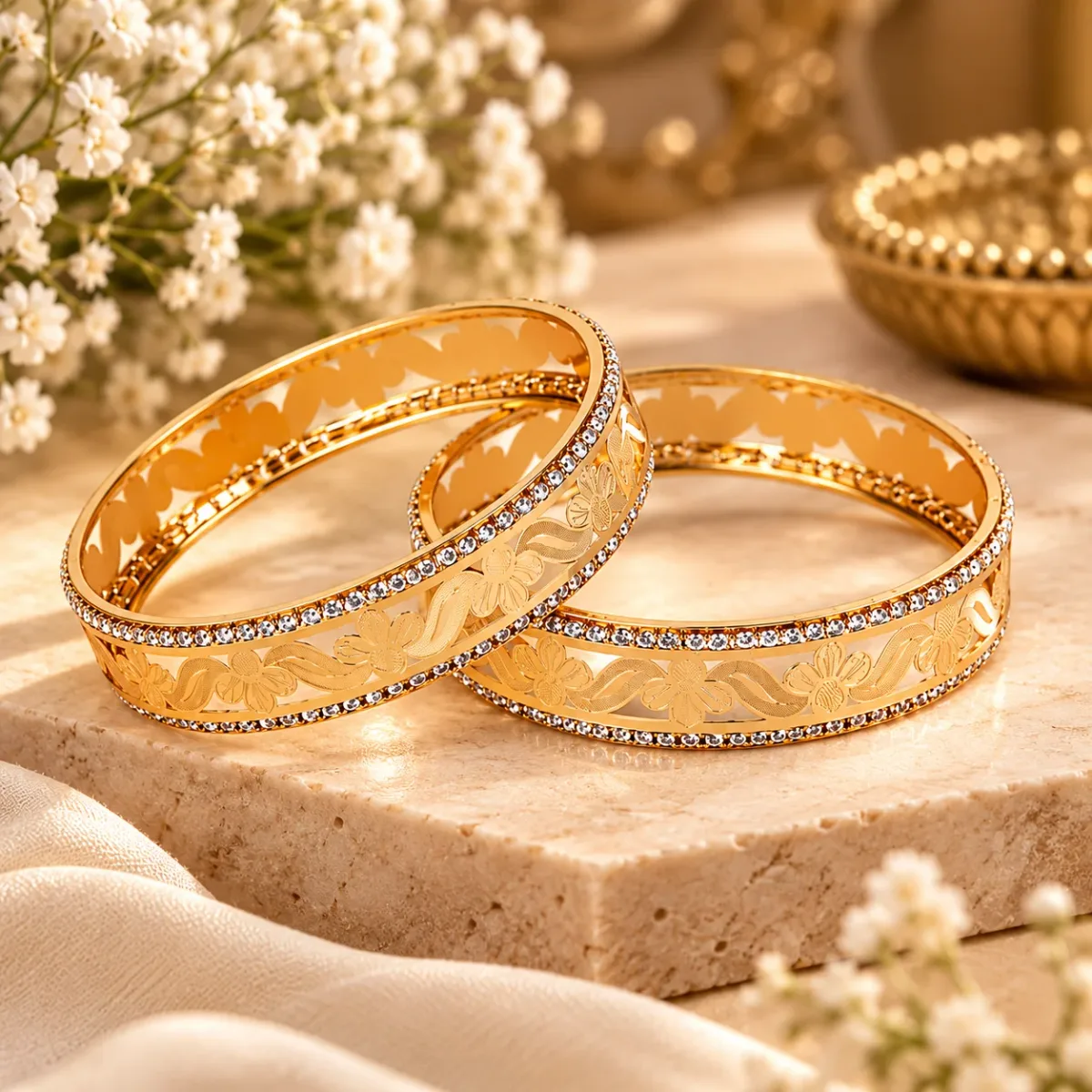 Floral Engraved Crystal Bangle Set