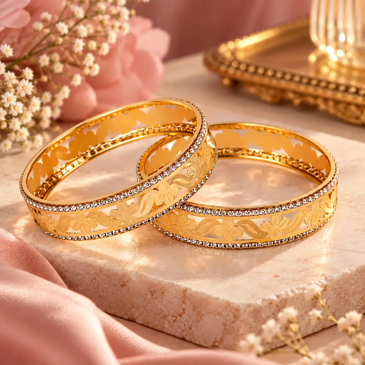 Floral Engraved Crystal Bangle Set