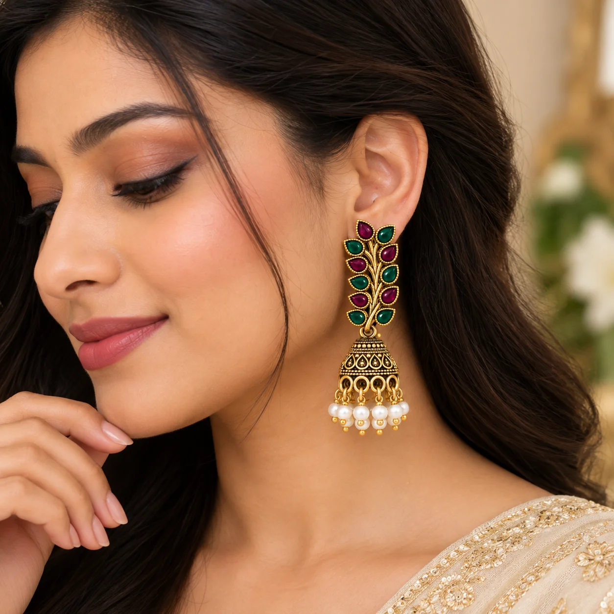 Antique Gold Leaf Pearl Jhumka Earrings