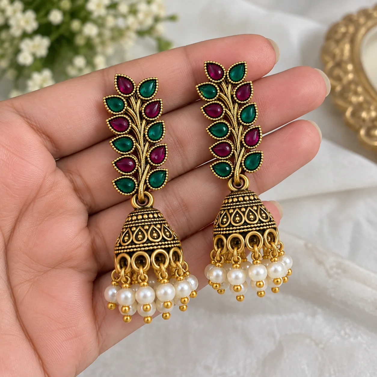 Antique Gold Leaf Pearl Jhumka Earrings