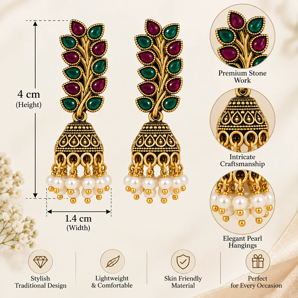 Antique Gold Leaf Pearl Jhumka Earrings