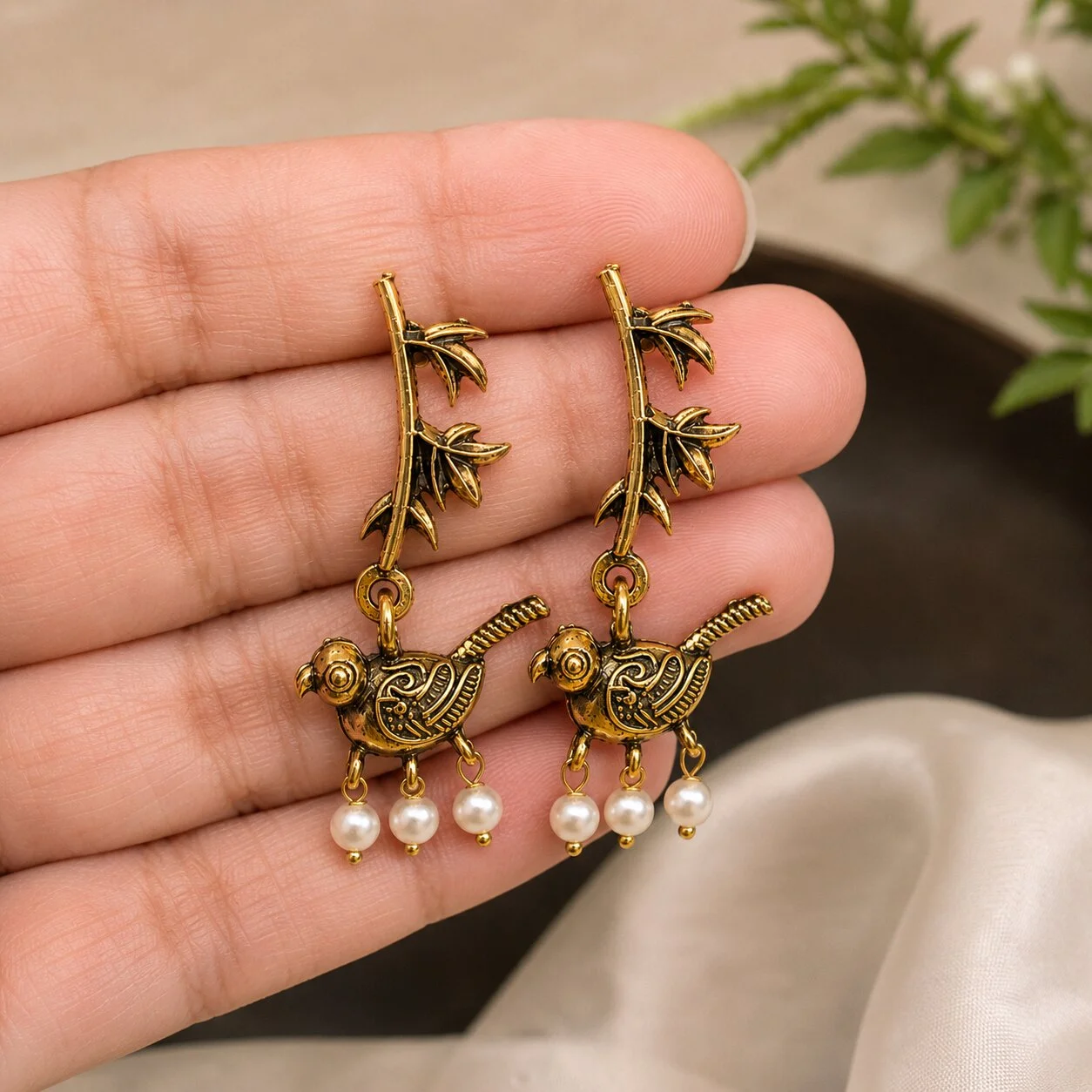 Antique Gold Parrot Pearl Drop Earrings