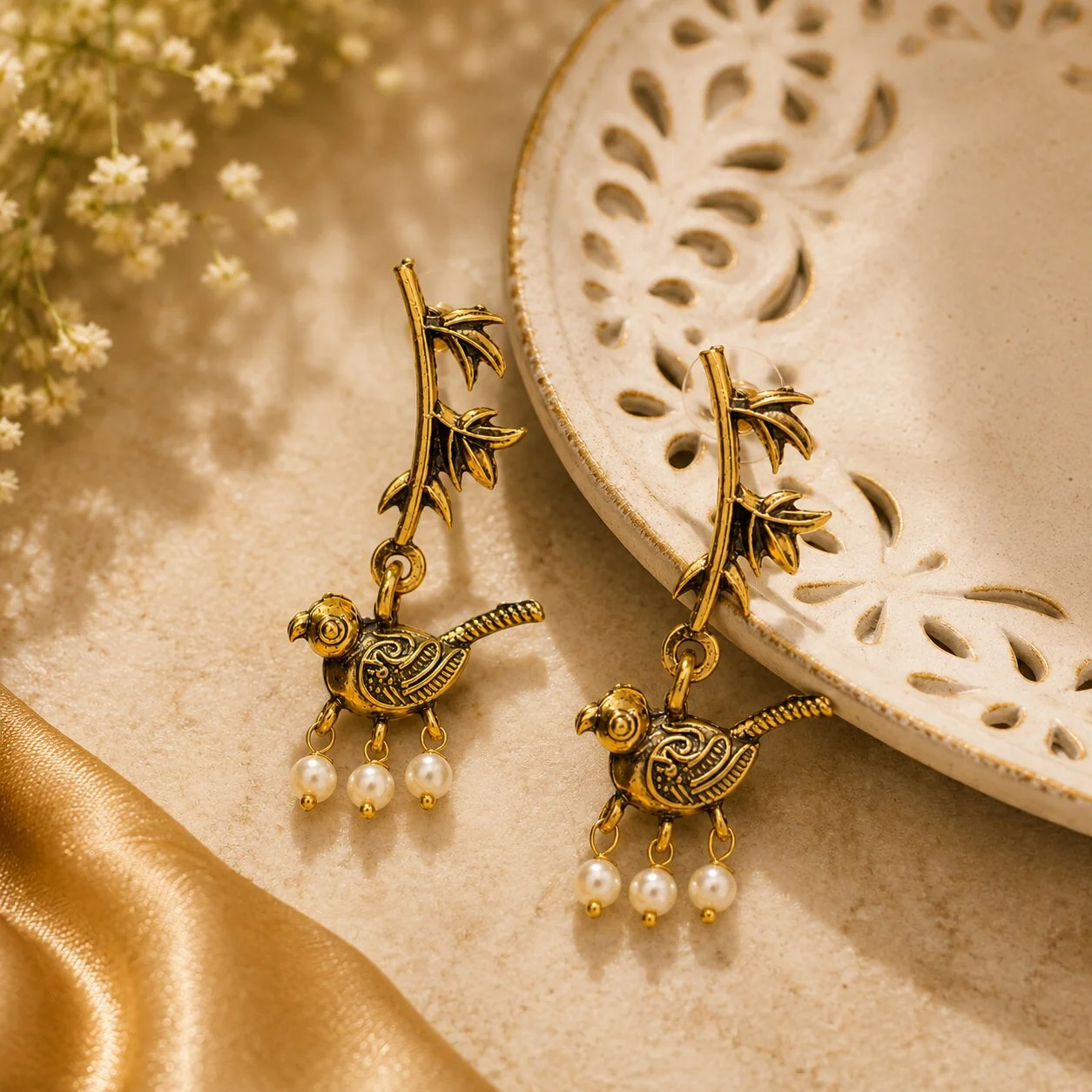 Antique Gold Parrot Pearl Drop Earrings