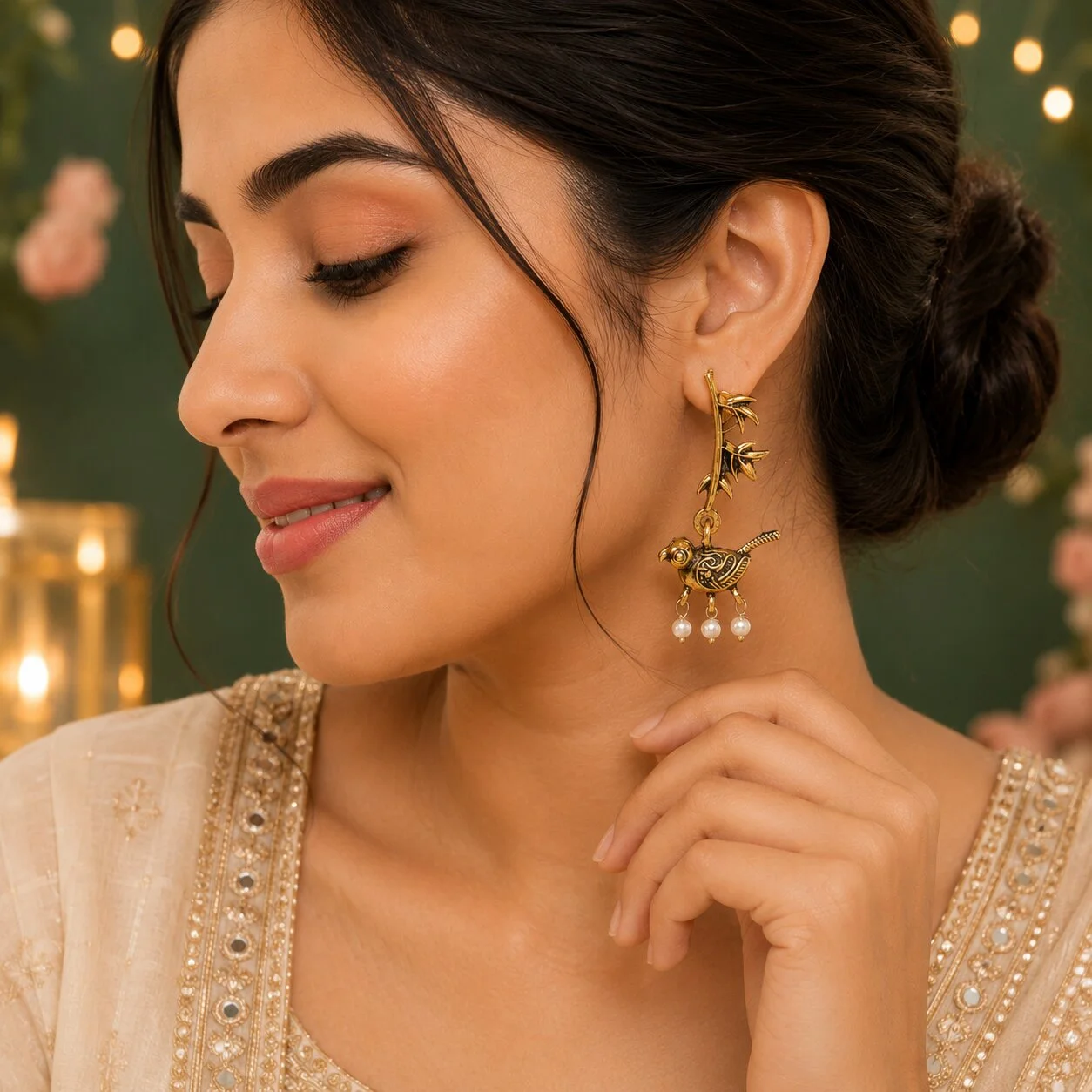Antique Gold Parrot Pearl Drop Earrings