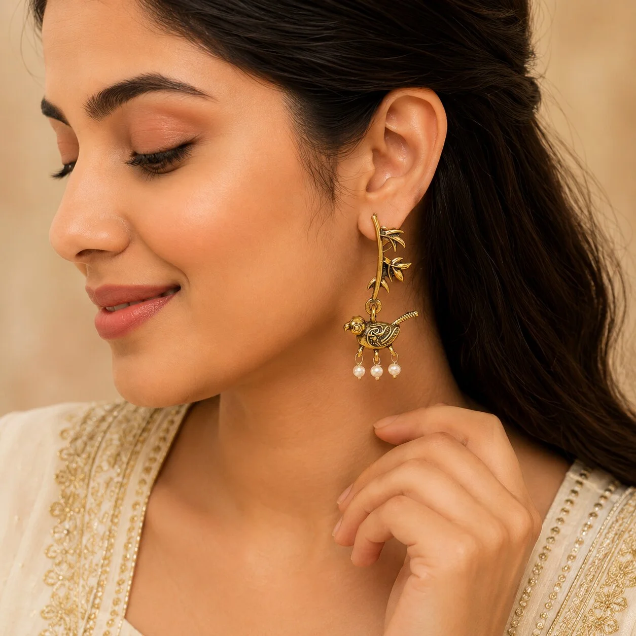Antique Gold Parrot Pearl Drop Earrings