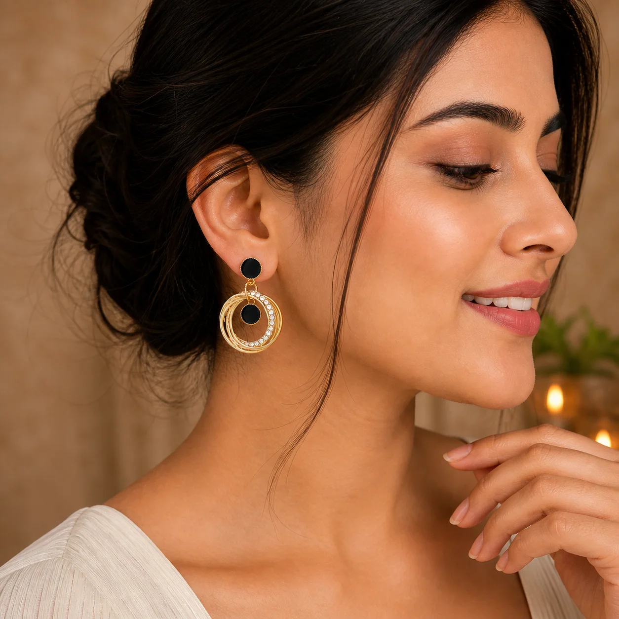 Black Enamel Gold Circle Earrings