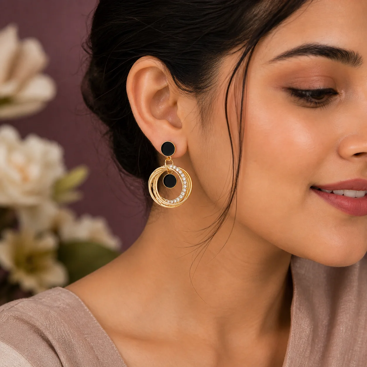 Black Enamel Gold Circle Earrings