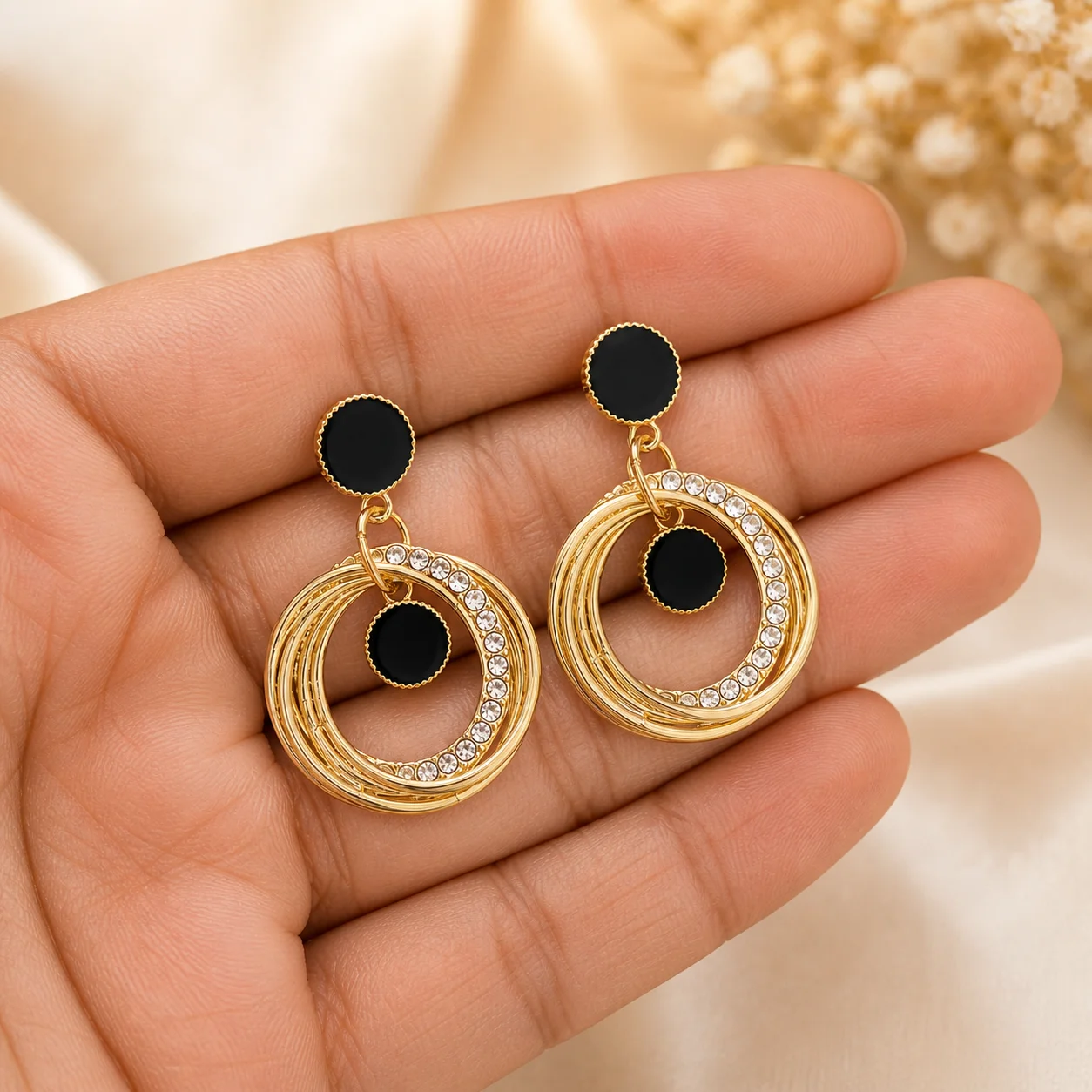 Black Enamel Gold Circle Earrings