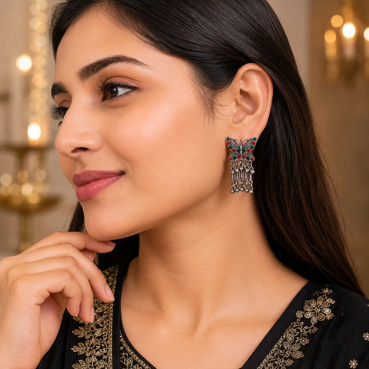 Oxidised Silver Butterfly Tassel Stud Earrings